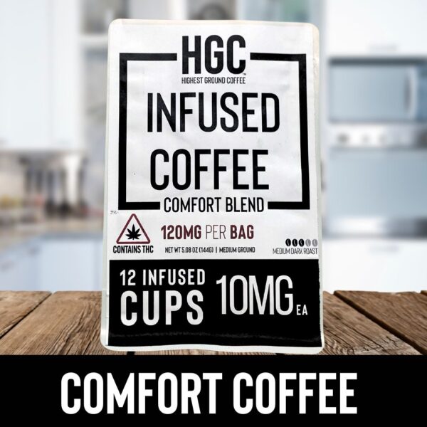 Dark Roast Coffee Infused with Comfort by Inflammation Jane with 10mg of CBD, CBDa, CBGa and THC (hemp-derived) per cup