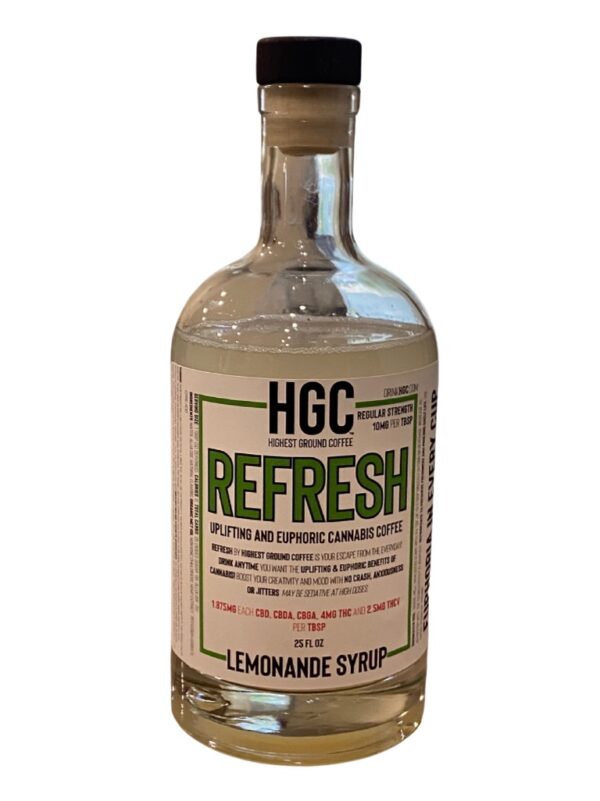 Infused Lemonade Syrup with Refresh by Merry Jane containing 500mg of CBD, CBDa, CBGa, THC (hemp-derived) and THCv per 25 oz bottle