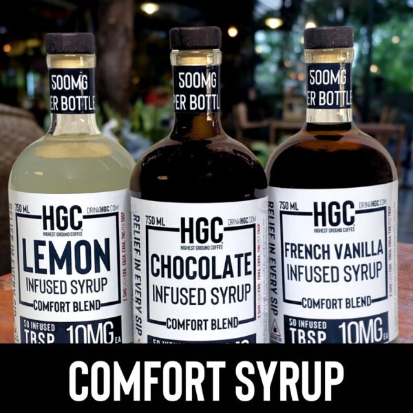 Infused Syrup for Coffee, Tea and more with Comfort by Inflammation Jane and up to 500mg of CBD, CBDa, CBGa, THC (hemp-derived) per bottle